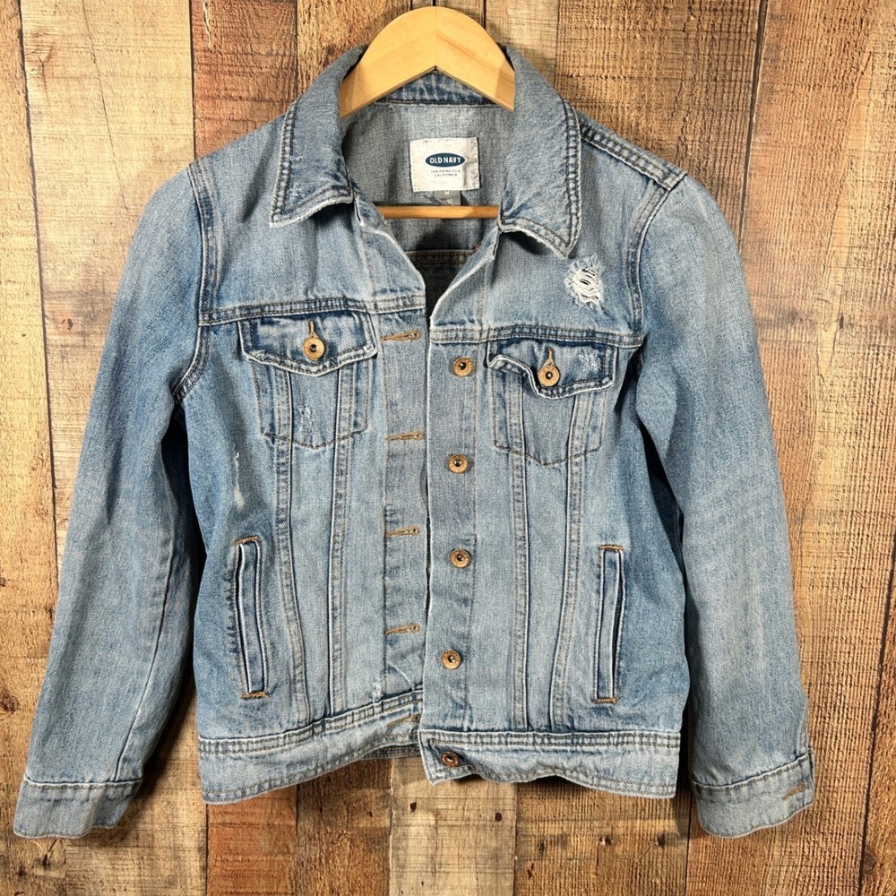 Old Navy Light Wash Distressed 100% Cotton Denim Trucker Jean Jacket Womens M